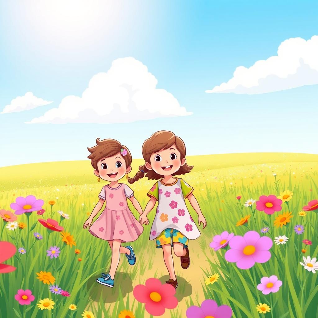 A bright and cheerful cartoon illustration of a young girl and a young boy walking together in a vibrant green field