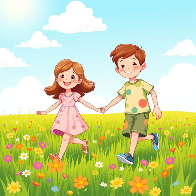 A bright and cheerful cartoon illustration of a young girl and a young boy walking together in a vibrant green field