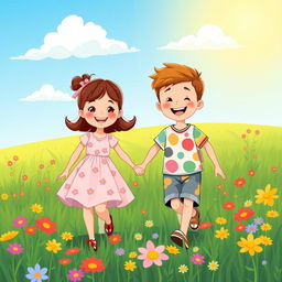 A bright and cheerful cartoon illustration of a young girl and a young boy walking together in a vibrant green field