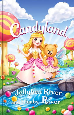 A whimsical book cover featuring Princess Caramel, a charming girl with golden hair, dressed in a flowing pastel-colored gown decorated with candy motifs