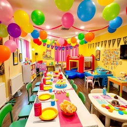 A lively and colorful party room designed specifically for children, decorated with balloons, streamers, and cheerful banners