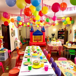 A lively and colorful party room designed specifically for children, decorated with balloons, streamers, and cheerful banners