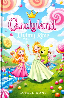 A whimsical book cover featuring Princess Caramel, a charming girl with golden hair, dressed in a flowing pastel-colored gown decorated with candy motifs