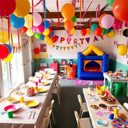 A lively and colorful party room designed specifically for children, decorated with balloons, streamers, and cheerful banners