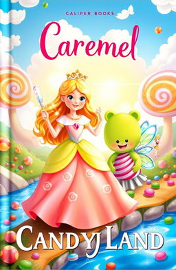 A whimsical book cover featuring Princess Caramel, a charming girl with golden hair, dressed in a flowing pastel-colored gown decorated with candy motifs