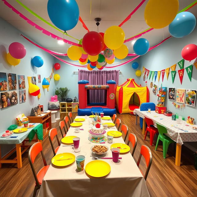 A lively and colorful party room designed specifically for children, decorated with balloons, streamers, and cheerful banners