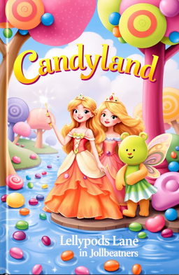 A whimsical book cover featuring Princess Caramel, a charming girl with golden hair, dressed in a flowing pastel-colored gown decorated with candy motifs
