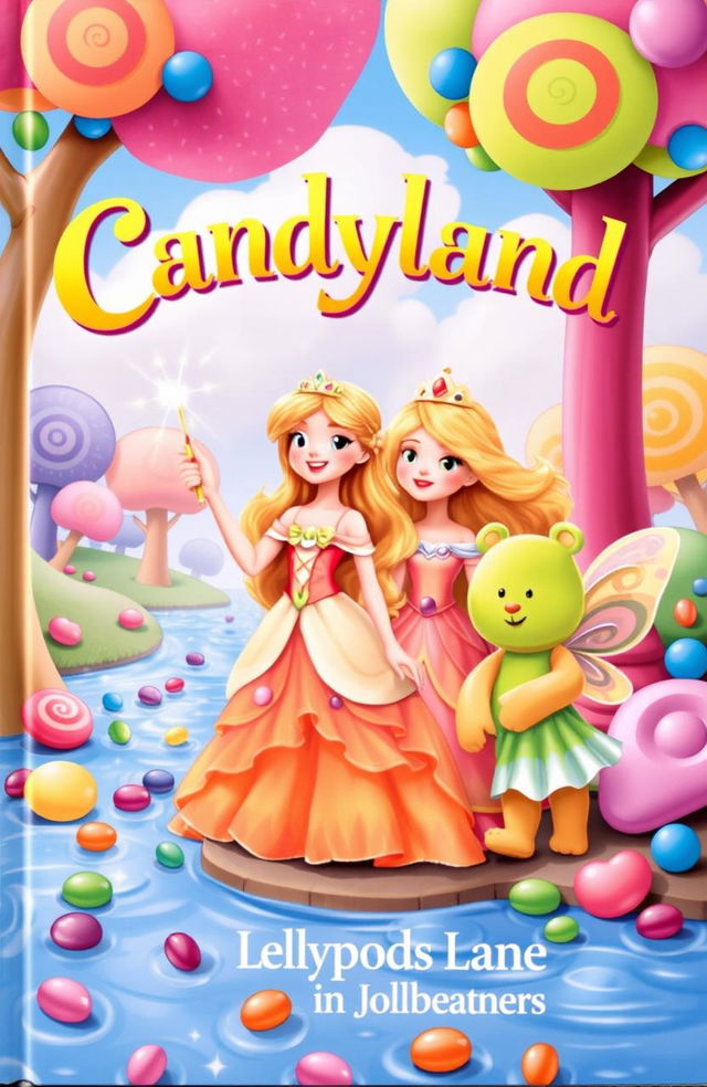 A whimsical book cover featuring Princess Caramel, a charming girl with golden hair, dressed in a flowing pastel-colored gown decorated with candy motifs