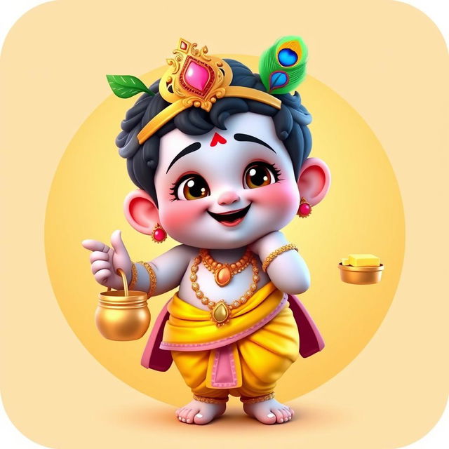 A 3D cartoon-style depiction of child Krishna (Bal Krishna), chubby and cute, smiling mischievously while holding a small pot of butter in one hand