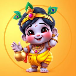 A 3D cartoon-style depiction of child Krishna (Bal Krishna), chubby and cute, smiling mischievously while holding a small pot of butter in one hand