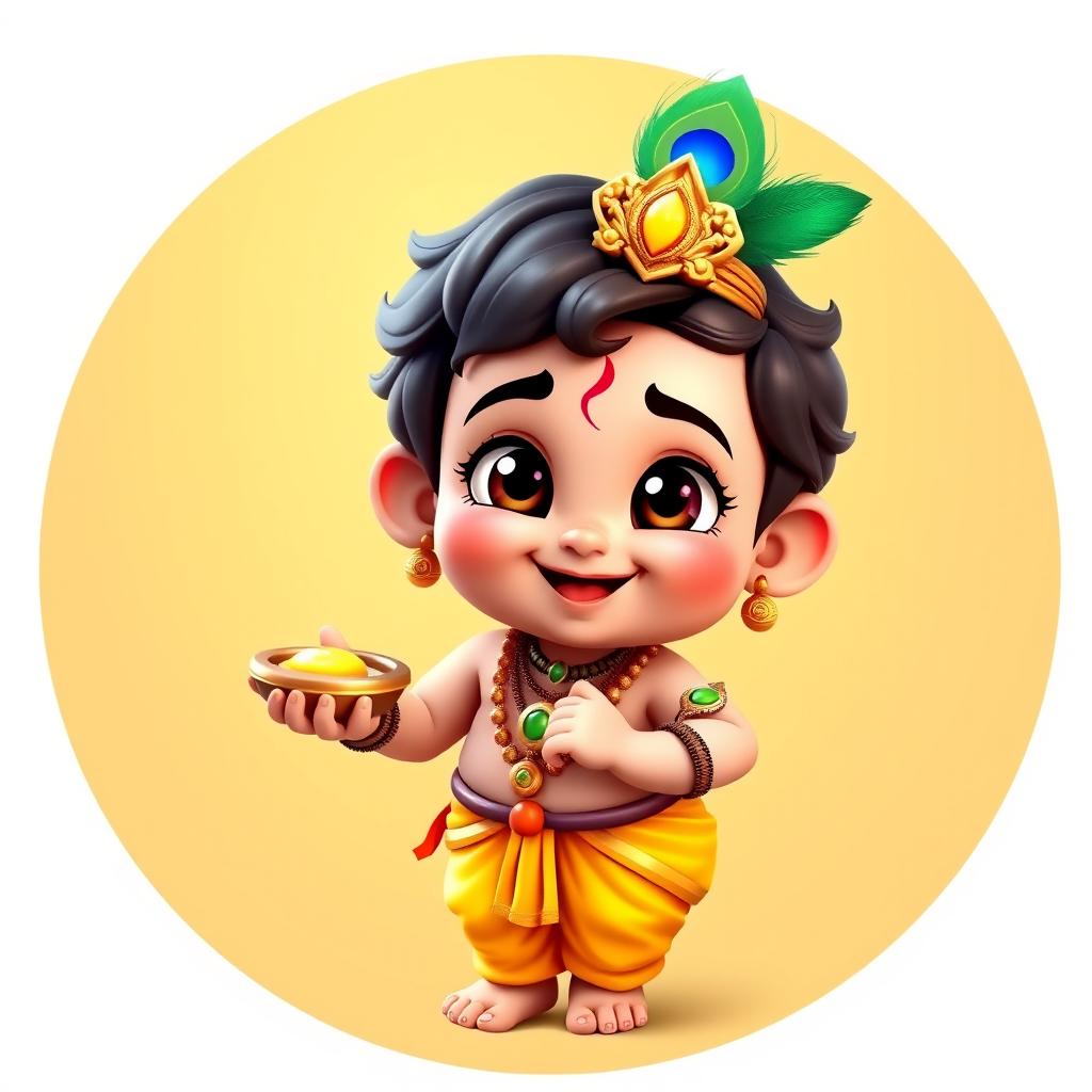 A 3D cartoon-style depiction of child Krishna (Bal Krishna), chubby and cute, smiling mischievously while holding a small pot of butter in one hand