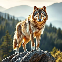 A majestic wolf standing proudly on a rocky outcrop, its thick fur gleaming in the soft sunlight