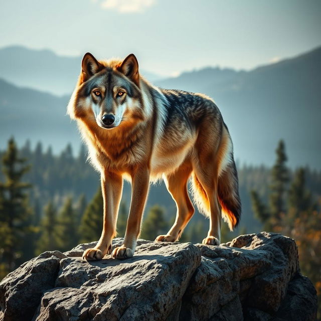 A majestic wolf standing proudly on a rocky outcrop, its thick fur gleaming in the soft sunlight