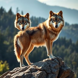 A majestic wolf standing proudly on a rocky outcrop, its thick fur gleaming in the soft sunlight