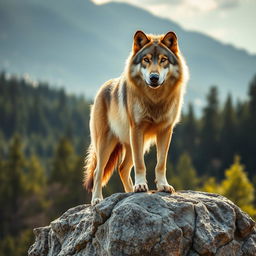 A majestic wolf standing proudly on a rocky outcrop, its thick fur gleaming in the soft sunlight