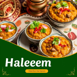 A vibrant poster showcasing a variety of delicious haleem bites
