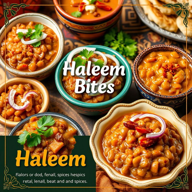 A vibrant poster showcasing a variety of delicious haleem bites