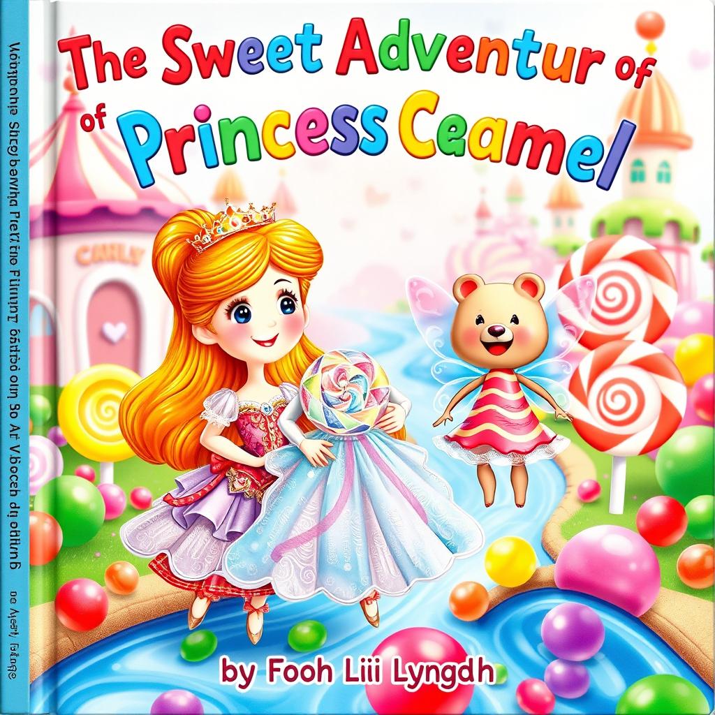 A whimsical book cover depicting Princess Caramel, a charming and adventurous princess with caramel-colored hair and a sparkling gown made of candy wrappers