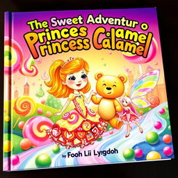A whimsical book cover depicting Princess Caramel, a charming and adventurous princess with caramel-colored hair and a sparkling gown made of candy wrappers