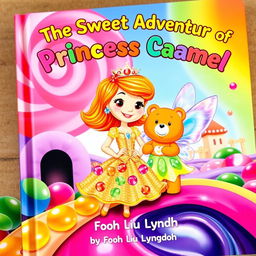 A whimsical book cover depicting Princess Caramel, a charming and adventurous princess with caramel-colored hair and a sparkling gown made of candy wrappers