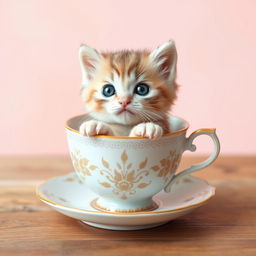 A cute kitten sitting comfortably in a delicate teacup, surrounded by soft pastel colors