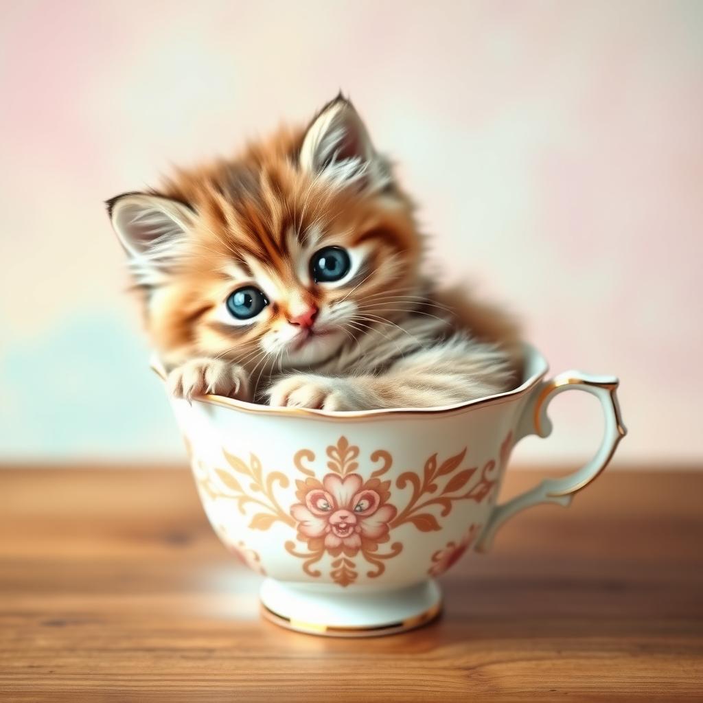 A cute kitten sitting comfortably in a delicate teacup, surrounded by soft pastel colors