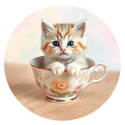 A cute kitten sitting comfortably in a delicate teacup, surrounded by soft pastel colors