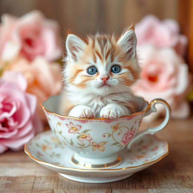 A cute kitten sitting comfortably in a delicate teacup, surrounded by soft pastel colors