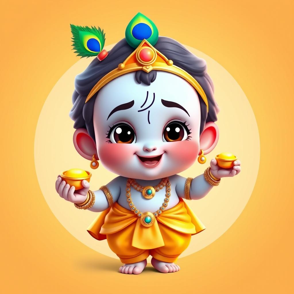 A 3D cartoon-style depiction of child Krishna (Bal Krishna), featuring a chubby and cute figure with a mischievous smile