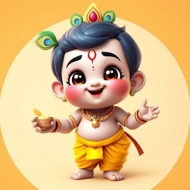 A 3D cartoon-style depiction of child Krishna (Bal Krishna), featuring a chubby and cute figure with a mischievous smile