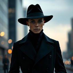 A stylish person wearing a sleek black hat and a matching black coat, standing confidently in an urban setting