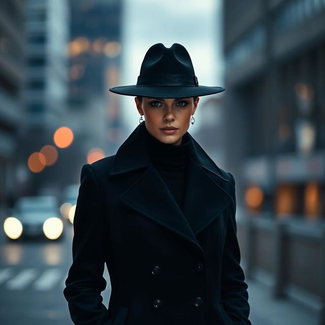 A stylish person wearing a sleek black hat and a matching black coat, standing confidently in an urban setting