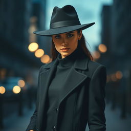 A stylish person wearing a sleek black hat and a matching black coat, standing confidently in an urban setting