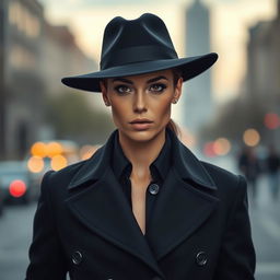A stylish person wearing a sleek black hat and a matching black coat, standing confidently in an urban setting