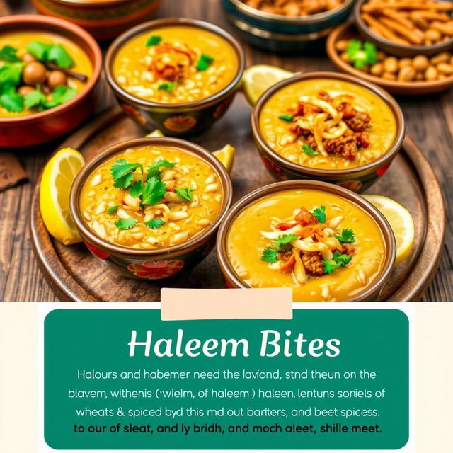 A vibrant and appetizing poster showcasing an array of delicious Haleem bites, featuring beautifully presented bowls of Haleem garnished with fresh coriander and fried onions, served with lemon wedges on the side