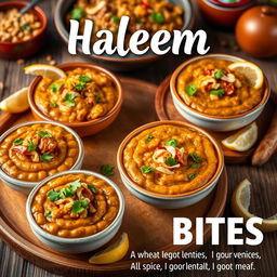 A vibrant and appetizing poster showcasing an array of delicious Haleem bites, featuring beautifully presented bowls of Haleem garnished with fresh coriander and fried onions, served with lemon wedges on the side