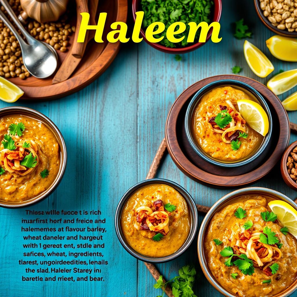 A vibrant and appetizing poster showcasing an array of delicious Haleem bites, featuring beautifully presented bowls of Haleem garnished with fresh coriander and fried onions, served with lemon wedges on the side