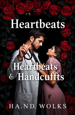 A striking black and red floral theme for the cover of 'Heartbeats and Handcuffs,' featuring a passionate image of a 32-year-old male doctor, exuding authority and strength, and an 18-year-old female medical student, embodying youthful vulnerability and determination