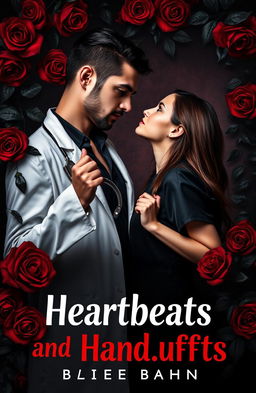 A striking black and red floral theme for the cover of 'Heartbeats and Handcuffs,' featuring a passionate image of a 32-year-old male doctor, exuding authority and strength, and an 18-year-old female medical student, embodying youthful vulnerability and determination