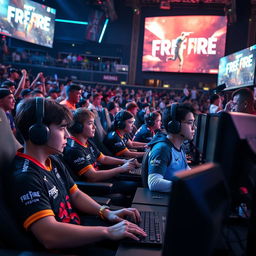 An intense eSports tournament scene showcasing players immersed in a high-stakes Free Fire match