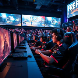 An intense eSports tournament scene showcasing players immersed in a high-stakes Free Fire match