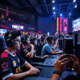 An intense eSports tournament scene showcasing players immersed in a high-stakes Free Fire match