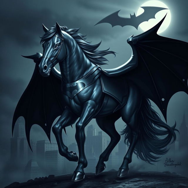 A striking and imaginative fusion of Batman with a majestic horse, where the horse's body is muscular and powerful, adorned with a dark, sleek Batman costume