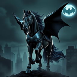 A striking and imaginative fusion of Batman with a majestic horse, where the horse's body is muscular and powerful, adorned with a dark, sleek Batman costume