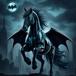 A striking and imaginative fusion of Batman with a majestic horse, where the horse's body is muscular and powerful, adorned with a dark, sleek Batman costume