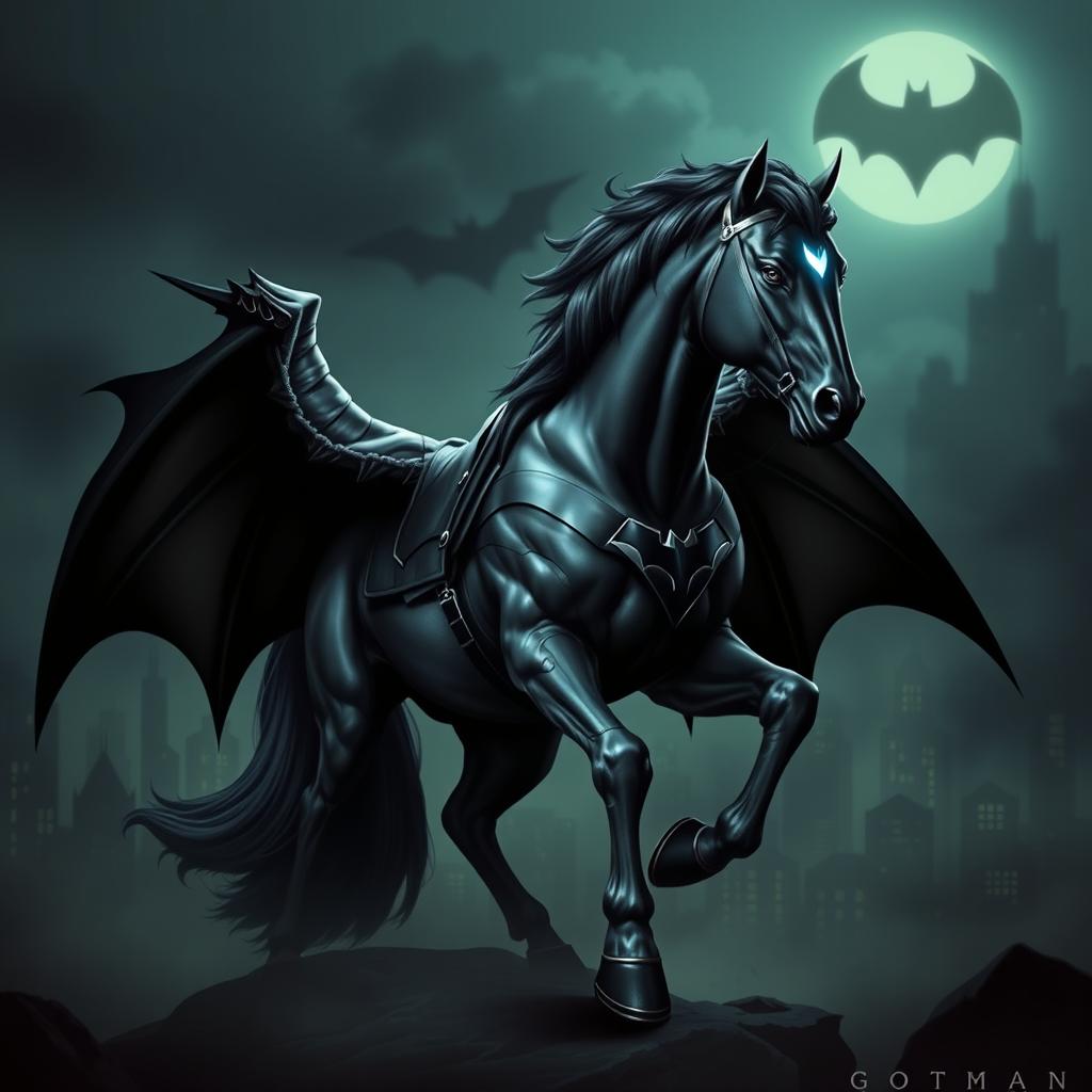 A striking and imaginative fusion of Batman with a majestic horse, where the horse's body is muscular and powerful, adorned with a dark, sleek Batman costume