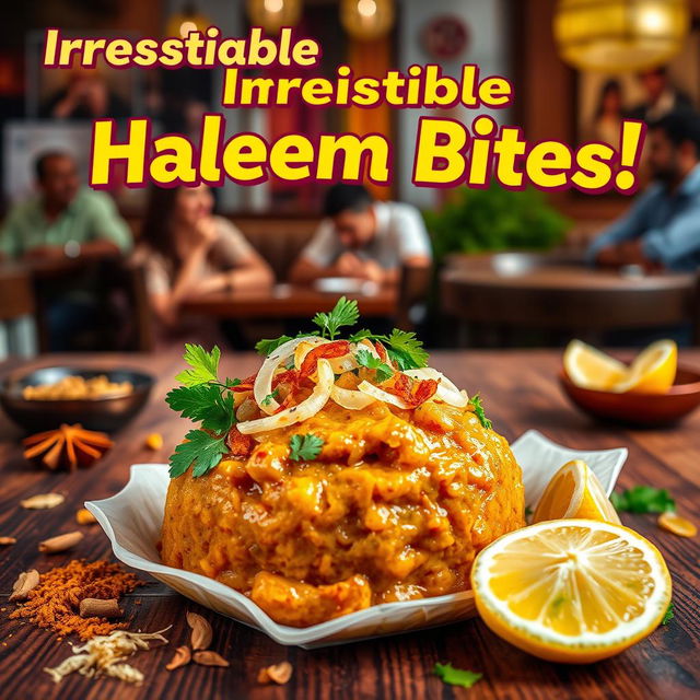 A vibrant and colorful poster showcasing delicious haleem bites