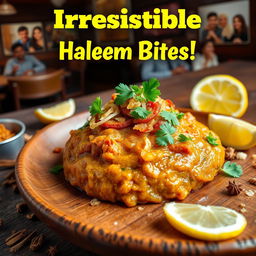 A vibrant and colorful poster showcasing delicious haleem bites