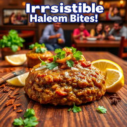 A vibrant and colorful poster showcasing delicious haleem bites