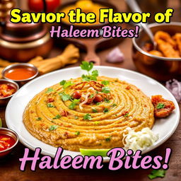 A vibrant and eye-catching poster featuring delectable haleem bites